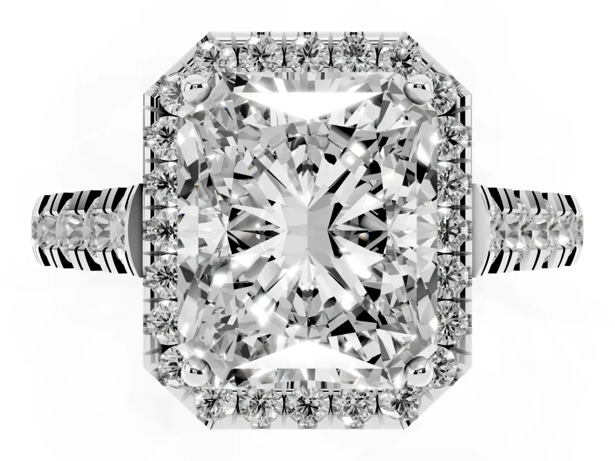 Radiant Cut Halo Pavé Diamond Engagement Ring with Four-Prong Setting Silver