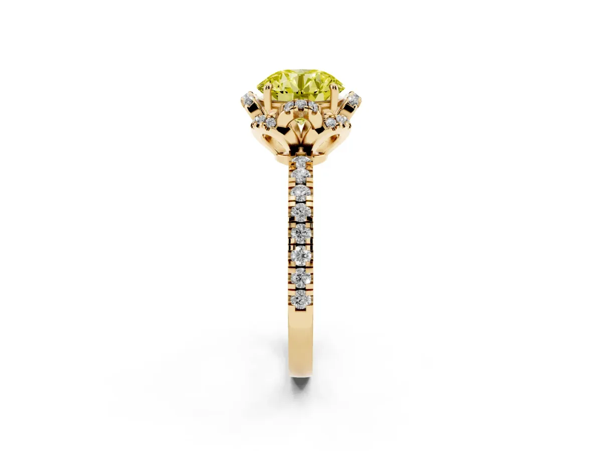 Fancy Yellow Round Cut Halo Diamond Pave Band Ring with Four-Prong Setting Yellow gold
