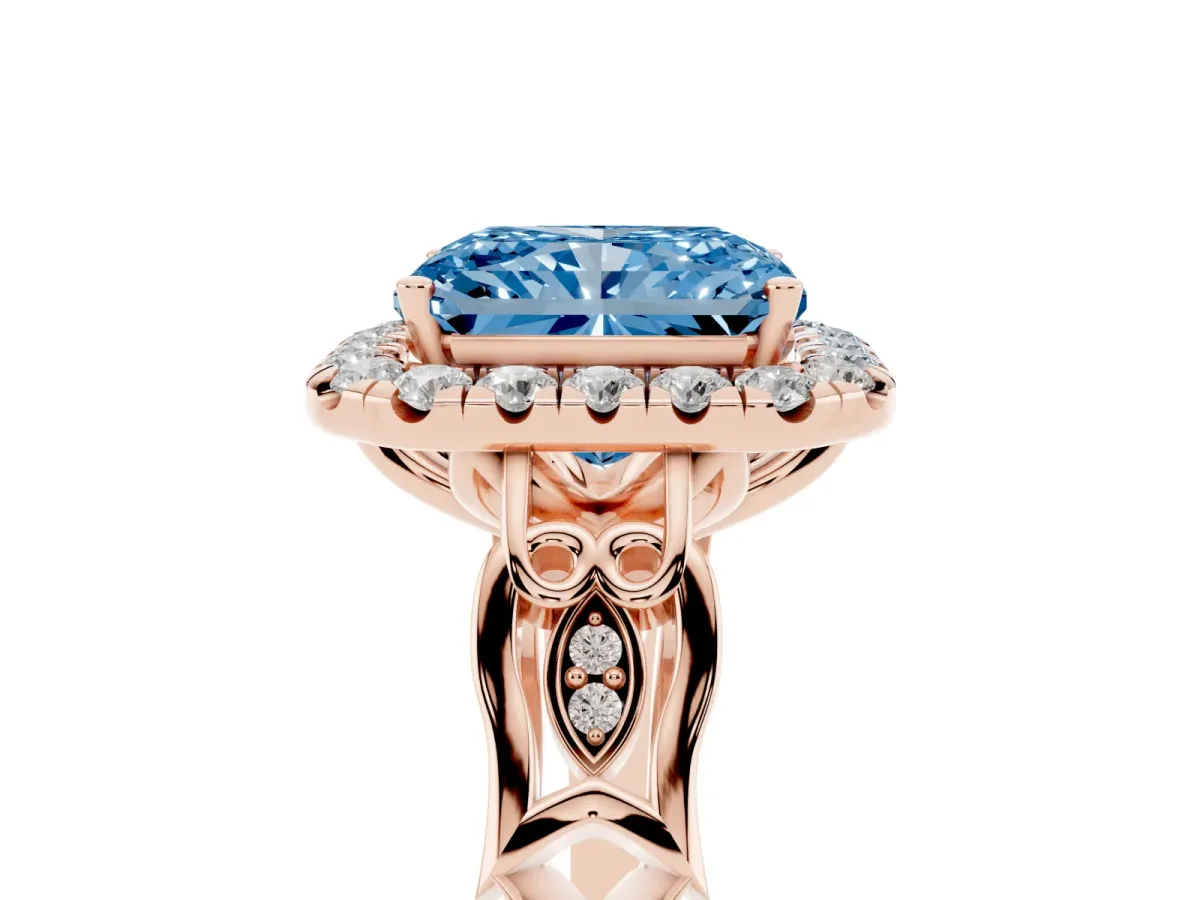 Fancy Blue Radiant Cut Halo Diamond Engagement Ring with Filigree Band and Four-Prong Setting Rose gold