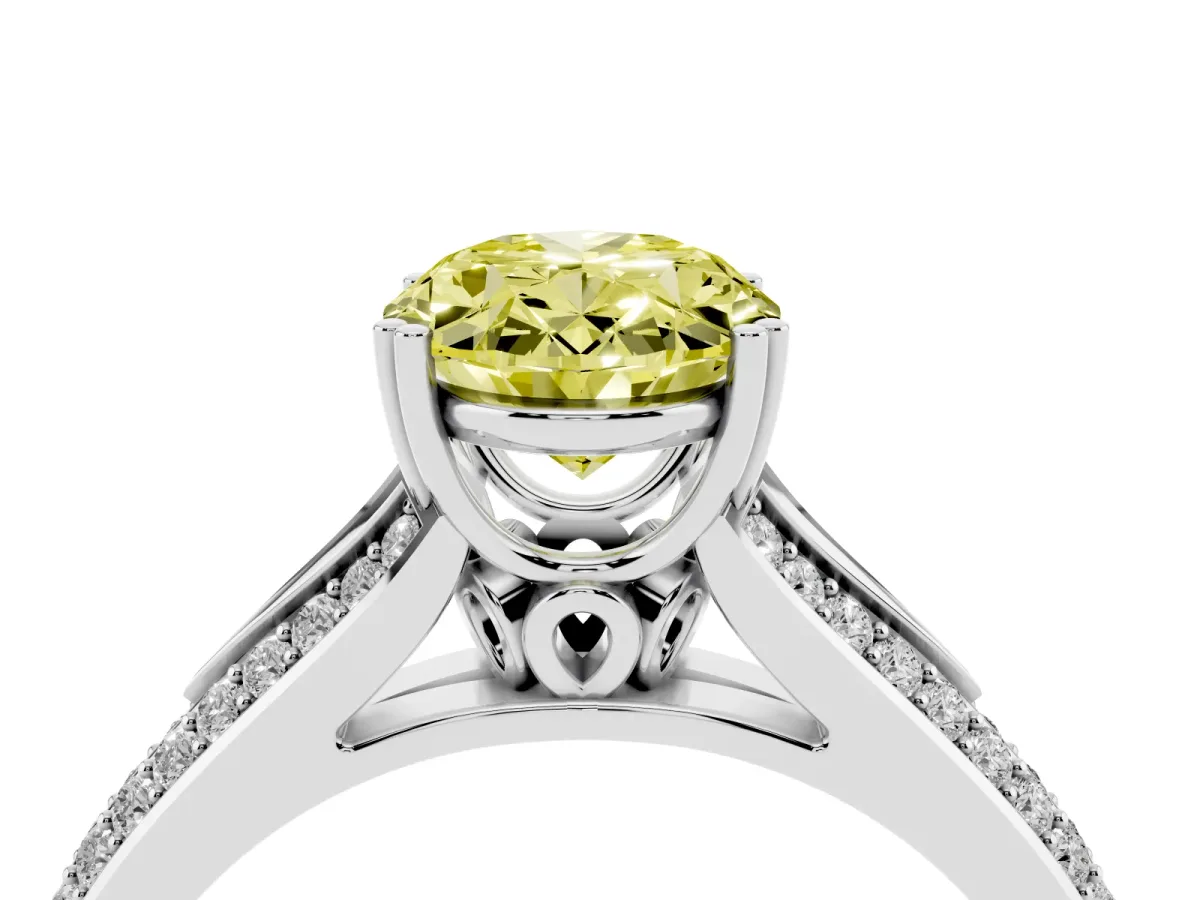 Fancy Yellow Oval Cut Diamond Split Shank Engagement Ring with Pavé Band Silver