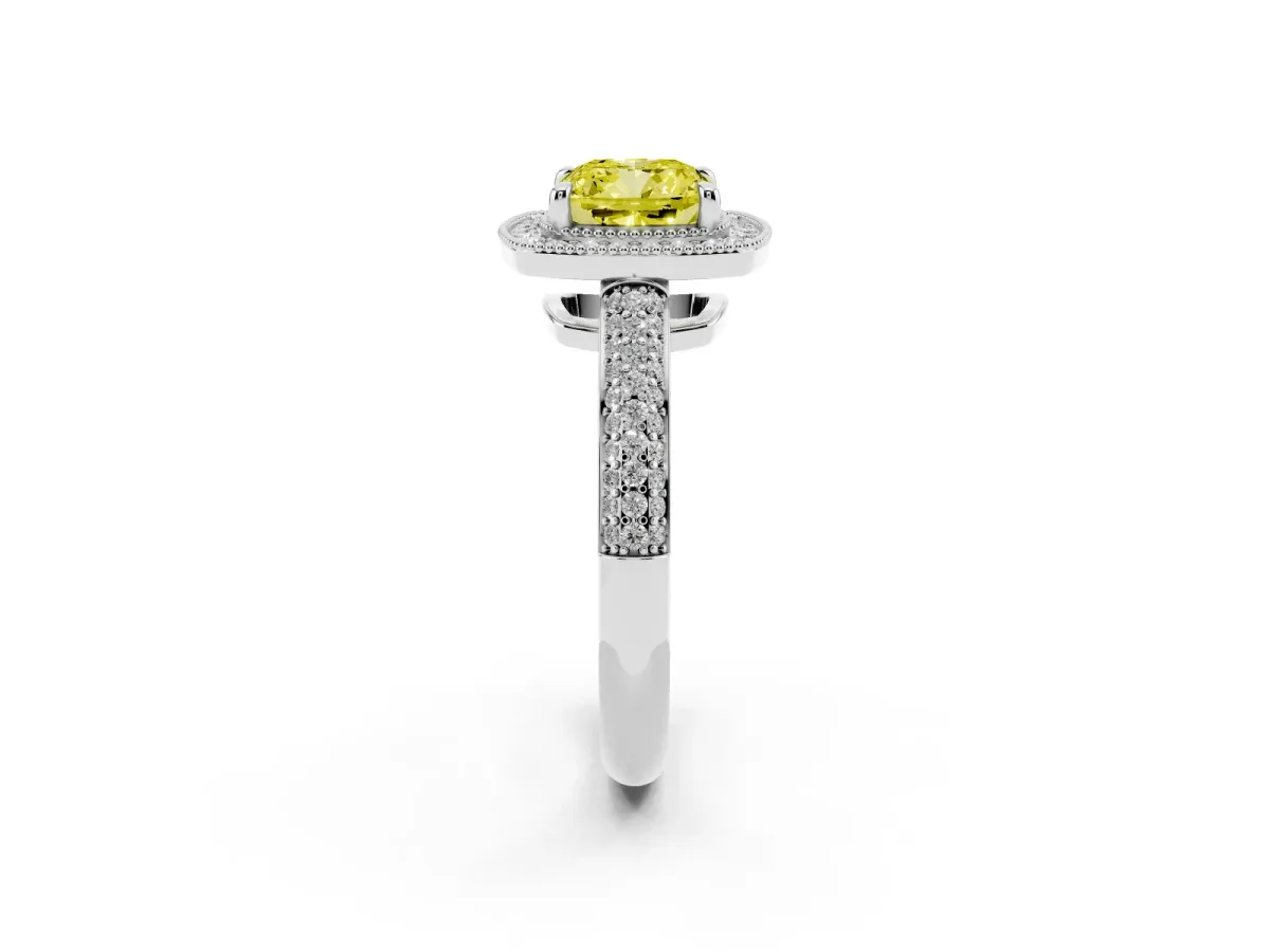 Fancy Yellow Cushion Cut Cut Halo Diamond Pave Band with Four-Prong Setting Platinum