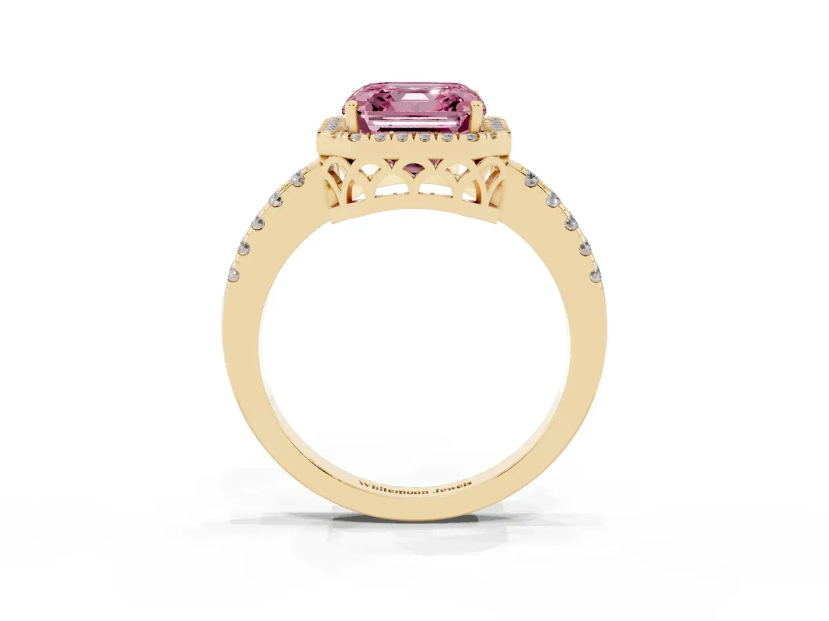 Fancy Pink Asscher Cut Halo Diamond Engagement Ring with Pavé Band and Four-Prong Setting Yellow gold