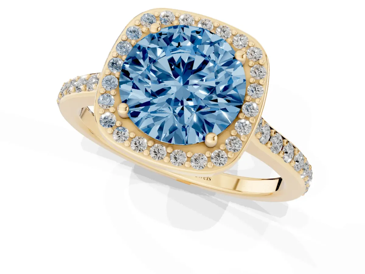 Fancy Blue Round Cut Diamond Halo Engagement Ring with Round Pavé Shoulders and Prong Setting Yellow gold