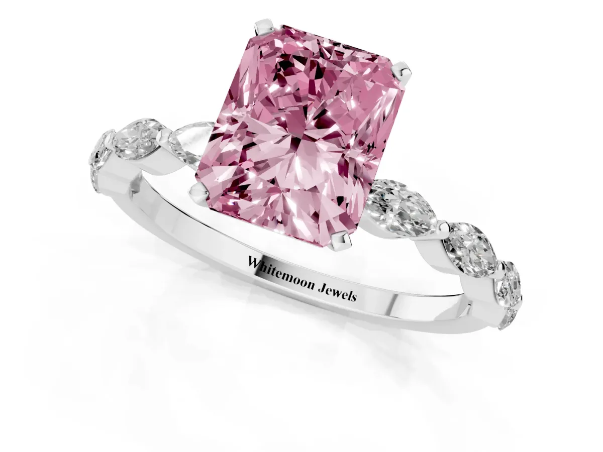 Fancy Pink Radiant Cut Diamond Ring with Marquise Side Stones and Prong Setting Platinum