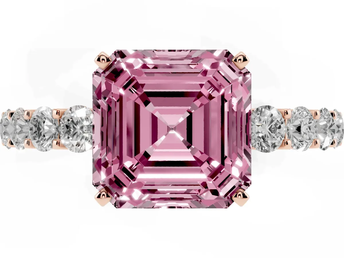 Fancy Pink Asscher Cut Diamond Solitaire Ring with Shared Prong Pavé Band and Four-Prong Setting Rose gold