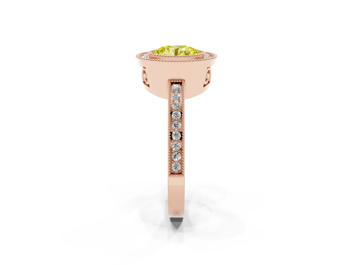 Fancy Yellow Round Cut Cut Halo Diamond Ring with Pavé Band and Milgrain Prong Setting Rose gold