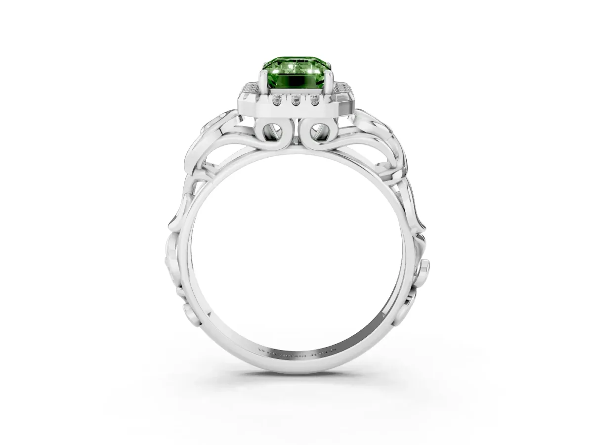 Fancy Green Emerald Cut Cut Halo Diamond Ring with Scrollwork Band and Four-Prong Setting Silver