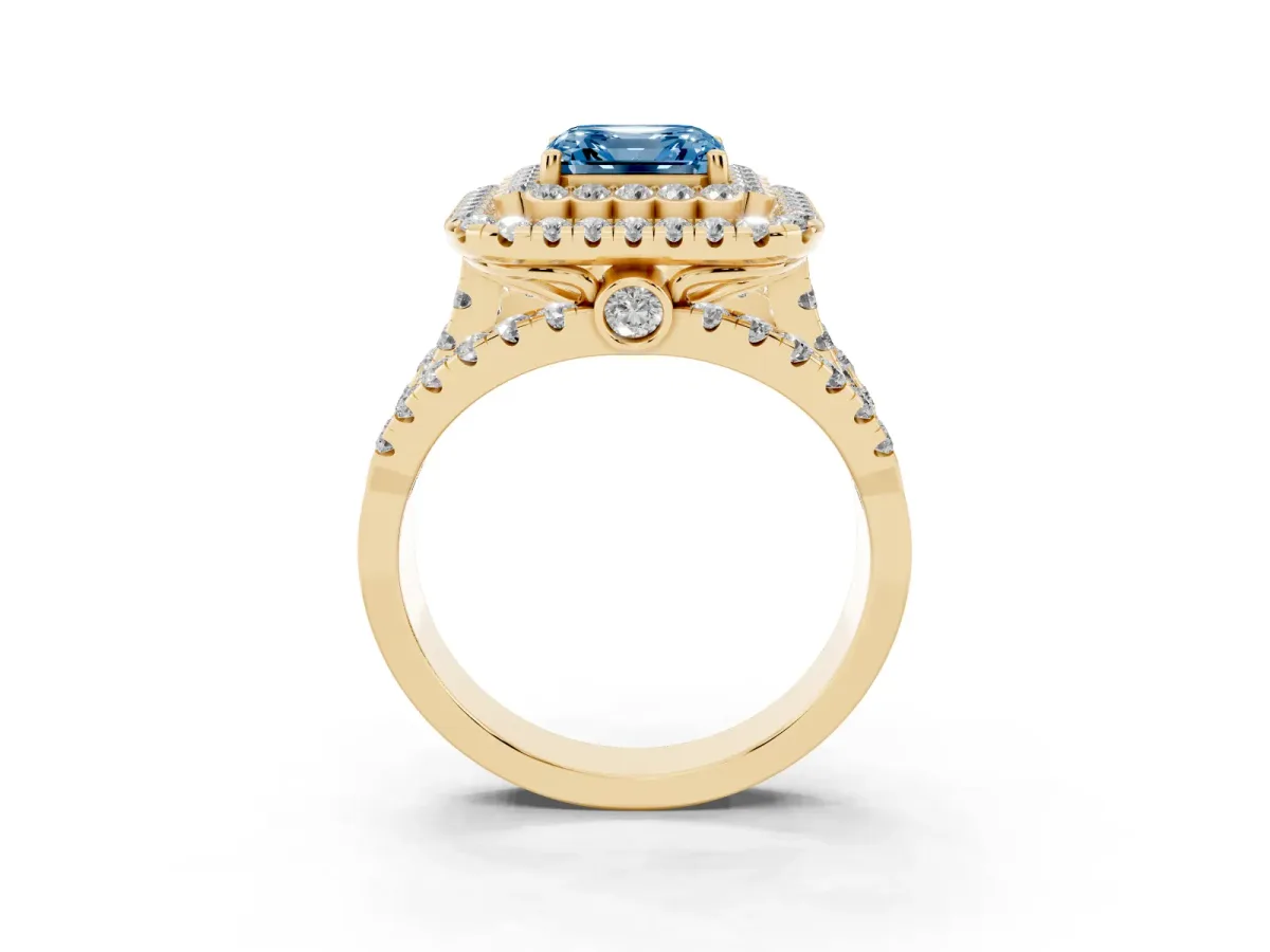 Fancy Blue Asscher Cut Diamond Double Halo Ring with Round Pavé Split Shank and Prong Setting Yellow gold