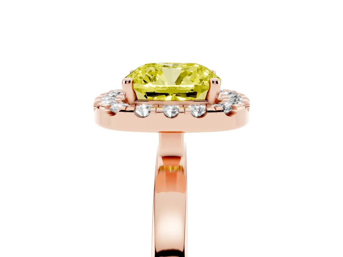 Fancy Yellow Cushion Cut Halo Diamond Solitaire with Pavé Band and Four-Prong Setting Rose gold