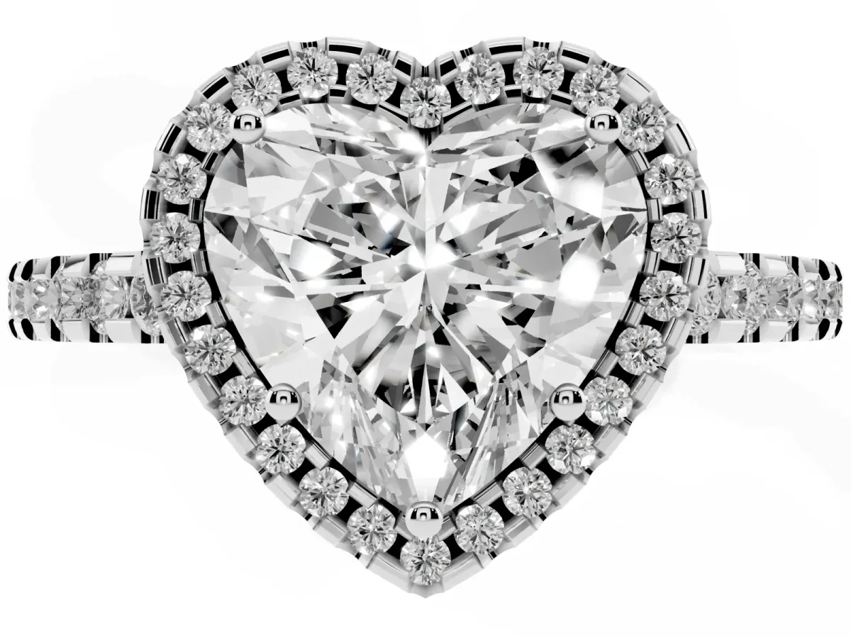 Heart Cut Diamond Halo Engagement Ring with Pavé Band and Prong Setting Platinum