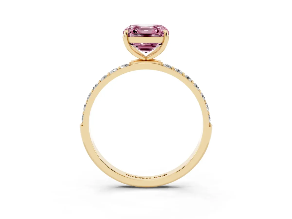 Fancy Pink Asscher Cut Diamond Solitaire Ring with Round Pavé Shoulders and Prong Setting Yellow gold