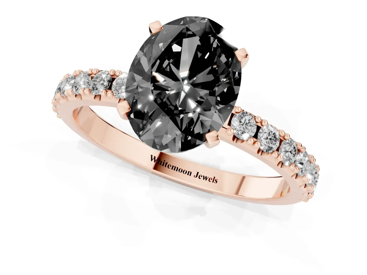 Fancy Black Oval Cut Diamond Solitaire Pavé Band with Four-Prong Setting Rose gold
