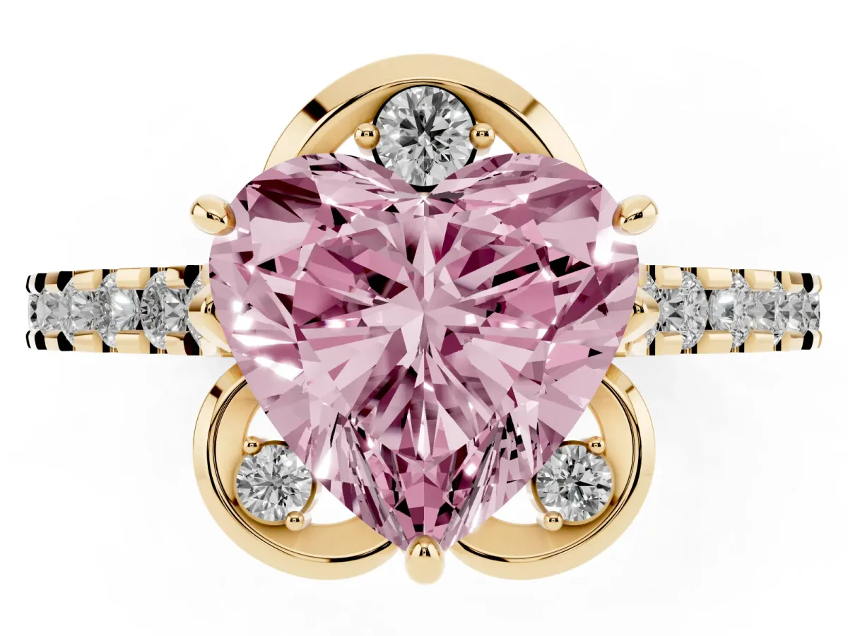 Fancy Pink Heart Cut Diamond Ring with Pavé Band and Floral Prong Setting Yellow gold