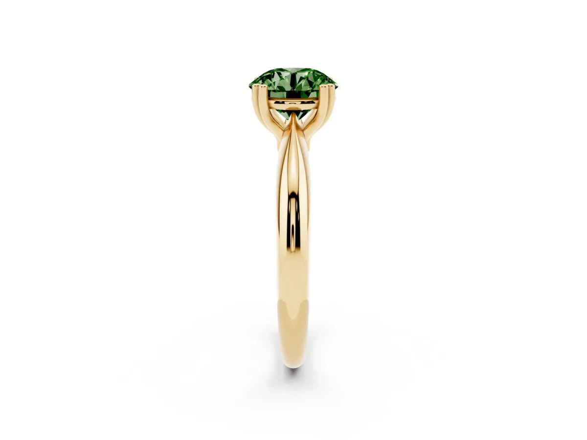 Fancy Green Round Cut Cut Solitaire Engagement Ring with Tapered Band and Four-Prong Setting Yellow gold
