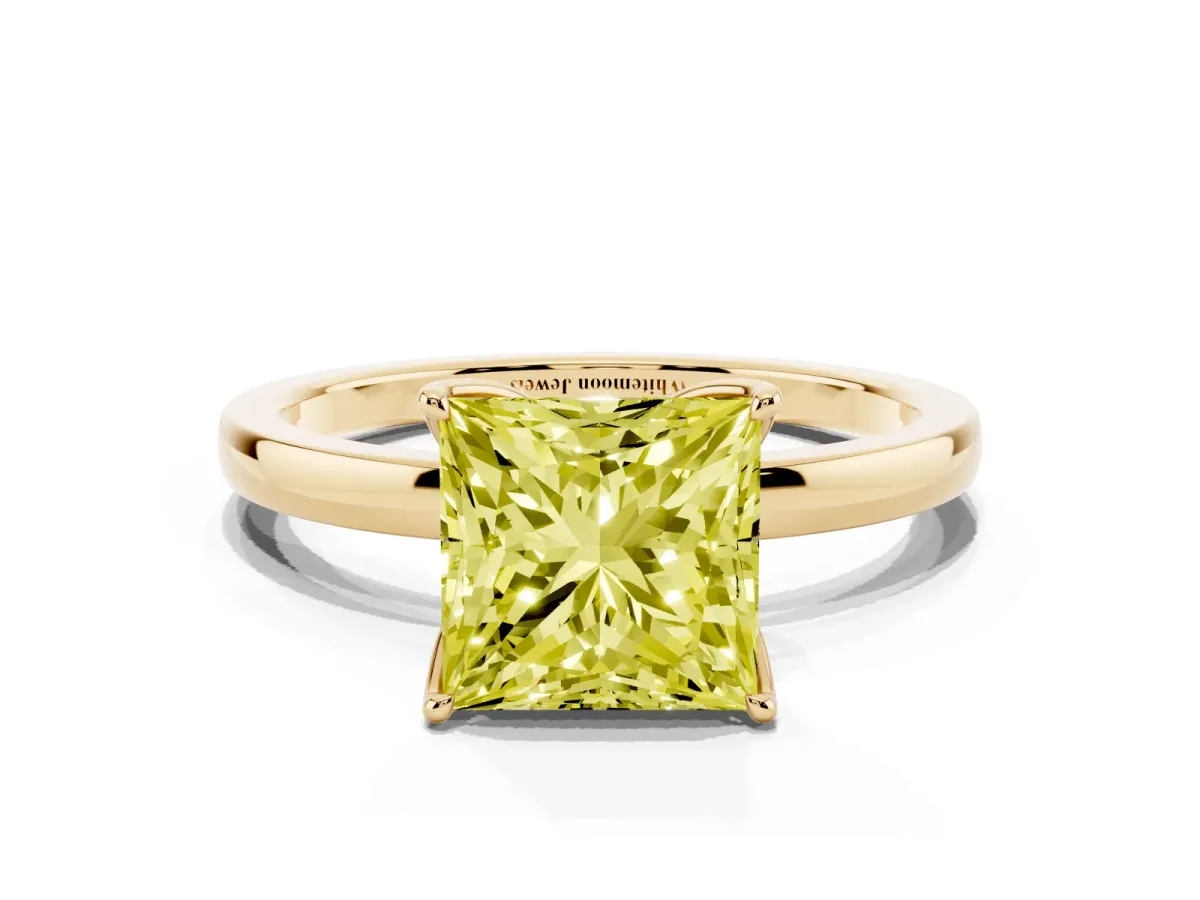 Fancy Yellow Princess Cut Diamond Solitaire Ring with Thin Band and Prong Setting Yellow gold