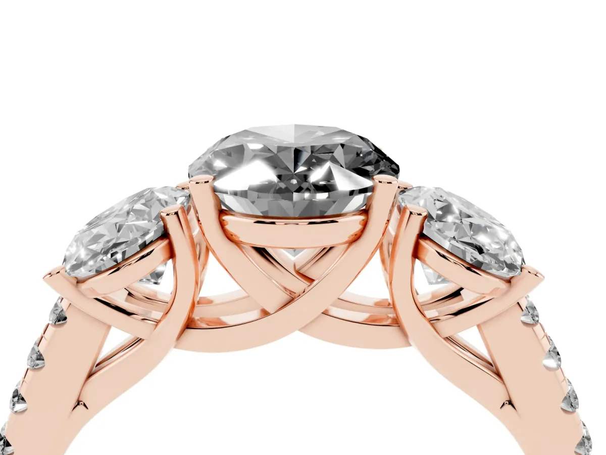 Fancy Black Three-Stone Oval Cut Diamond Ring with Round Pavé Band and Prong Setting Rose gold