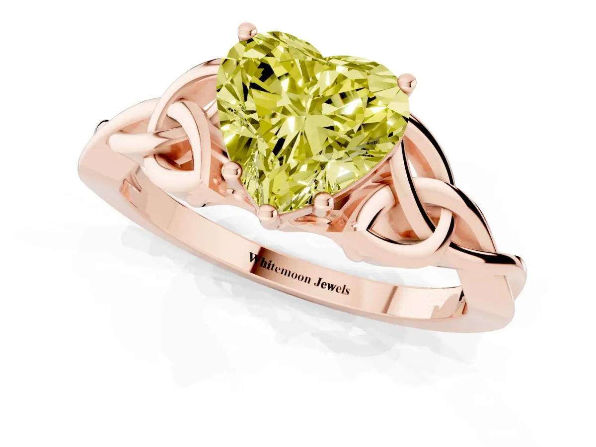 Fancy Yellow Heart Cut Diamond Solitaire Engagement Ring with Celtic Knot Band and Four-Prong Setting Rose gold
