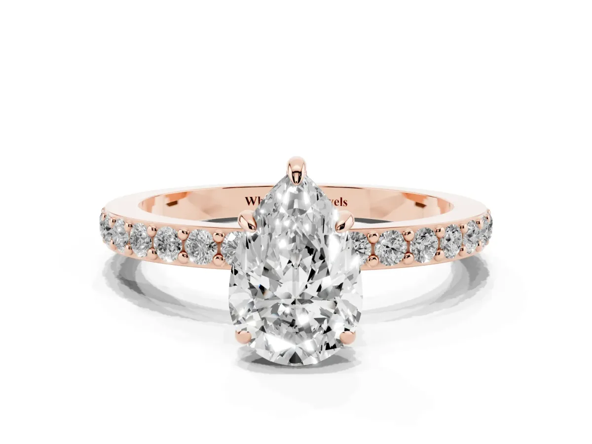 Pear Cut Diamond Pavé Engagement Ring with Round Accents and Prong Setting Rose gold