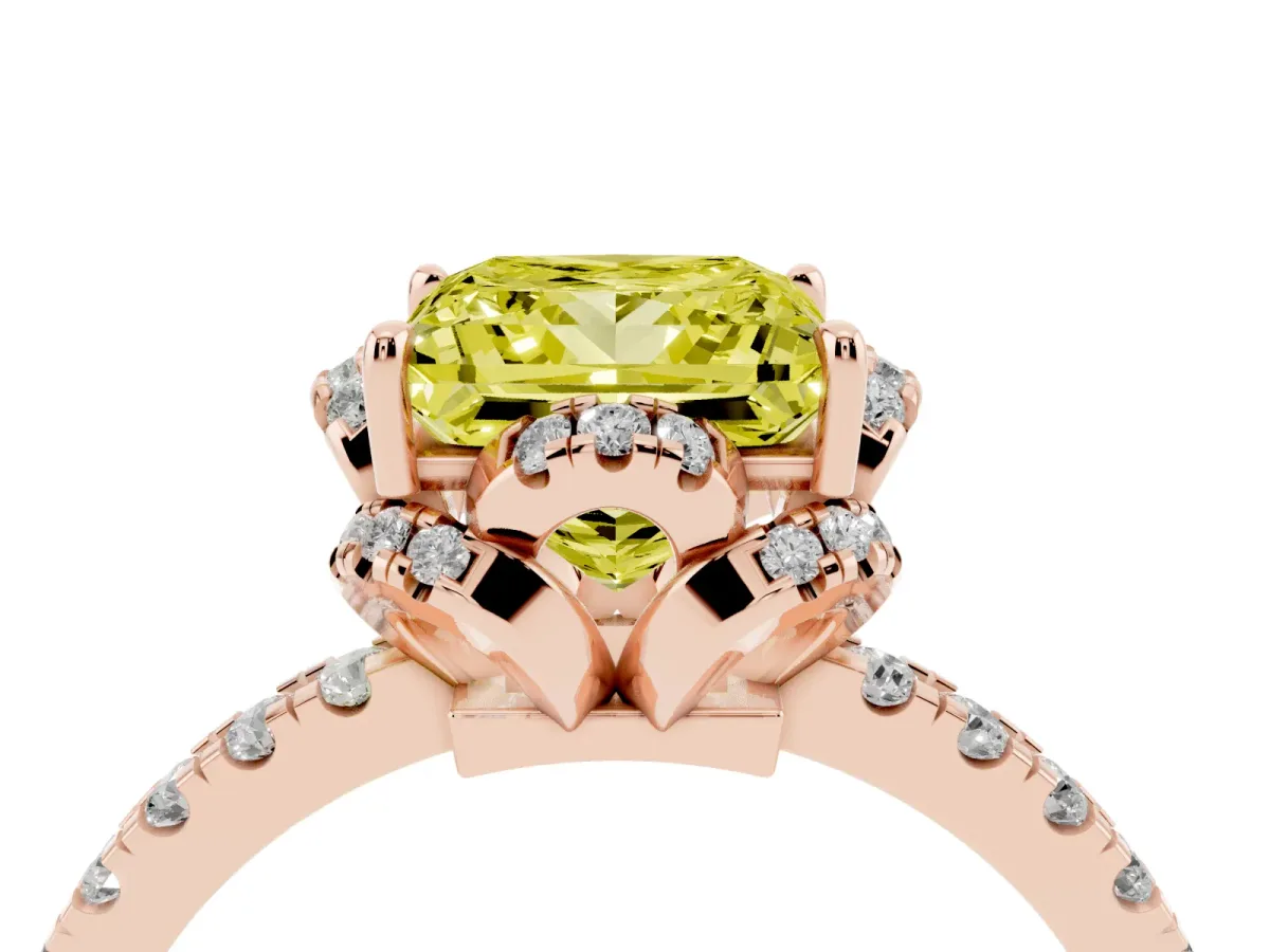 Fancy Yellow Princess Cut Diamond Halo Pave Band with Four-Prong Setting Rose gold