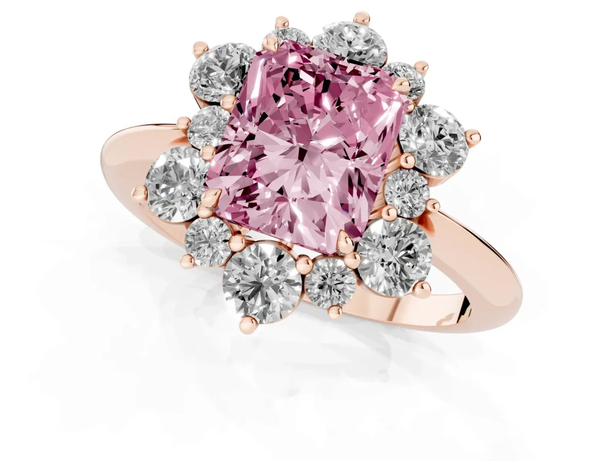 Fancy Pink Radiant Cut Diamond Cluster Halo Ring with Solitaire Band and Four-Prong Setting Rose gold
