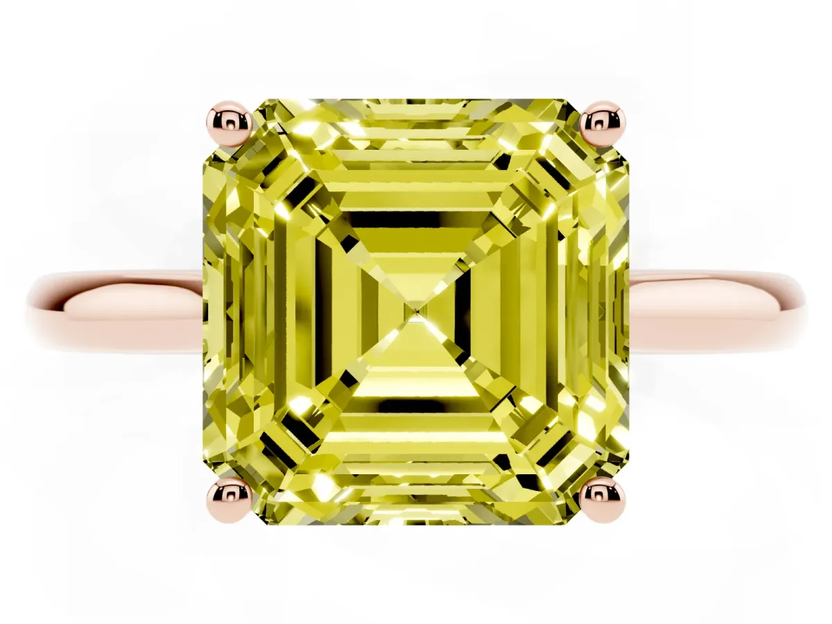 Fancy Yellow Asscher Cut Cut Solitaire Ring with Cathedral Band and Four-Prong Setting Rose gold