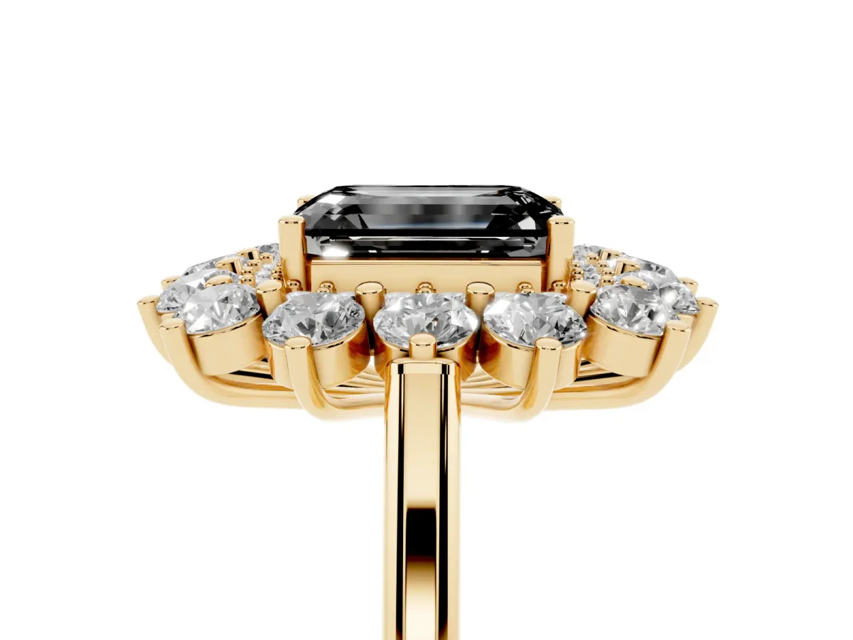 Fancy Black Emerald Cut Diamond Floral Double Halo Engagement Ring with Prong Setting Yellow gold