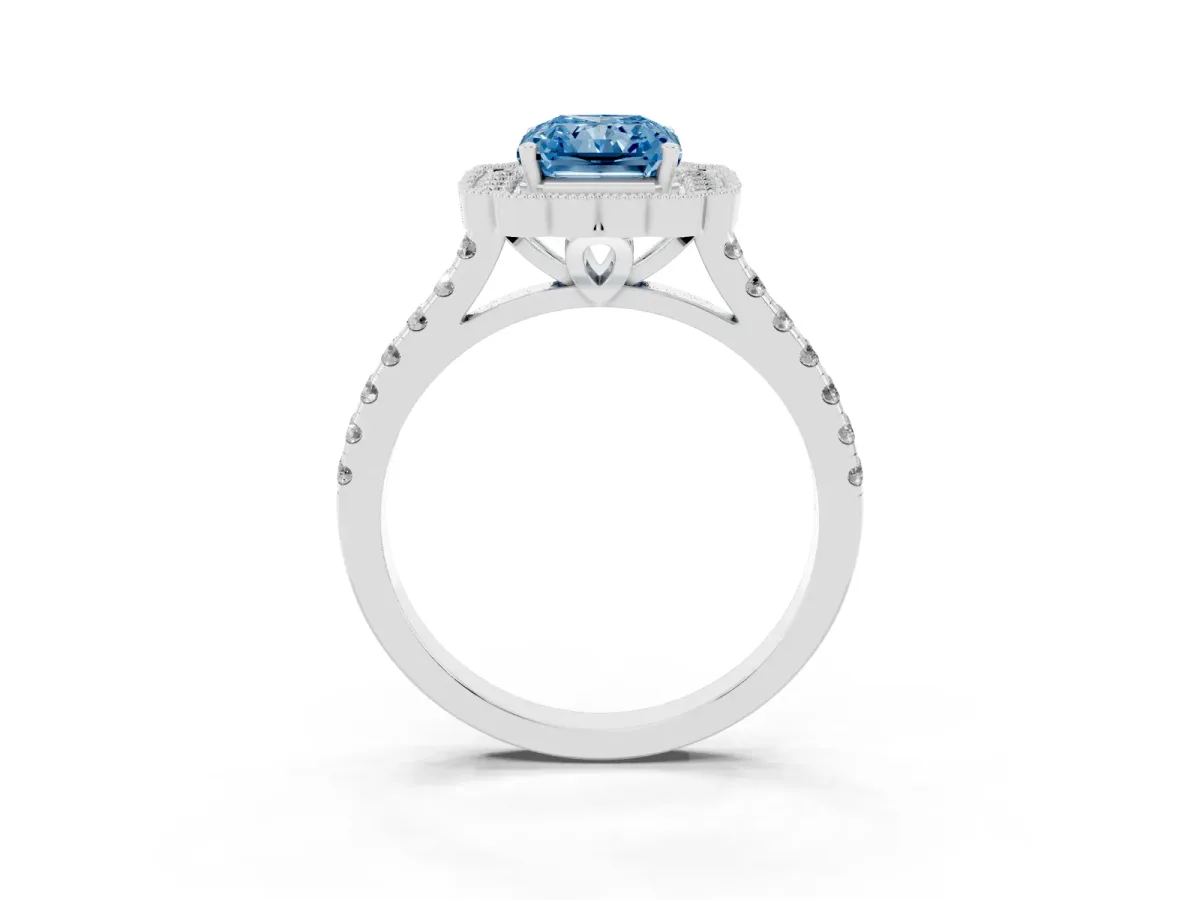 Fancy Blue Radiant Cut Cut Diamond Milgrain Floral Halo Engagement Ring with Pavé Band Silver