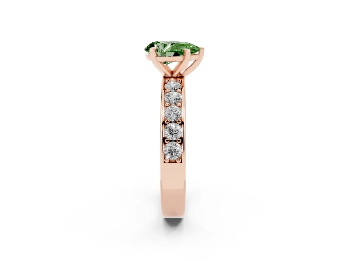 Fancy Green Pear Cut Diamond Engagement Ring with Channel Set Round Band and Prong Setting Rose gold