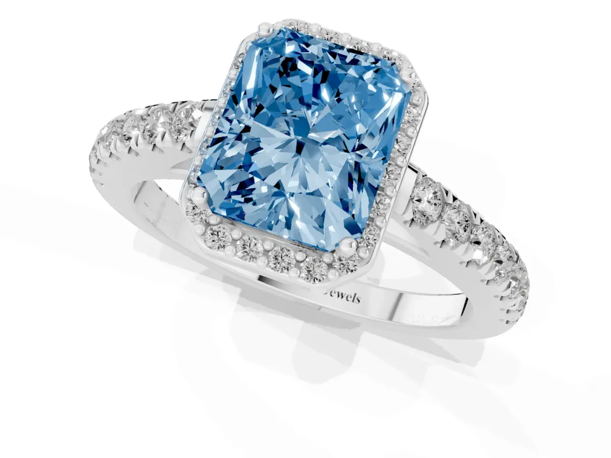 Fancy Blue Radiant Cut Cut Halo Diamond Engagement Ring with Pave Band and Four-Prong Setting Silver