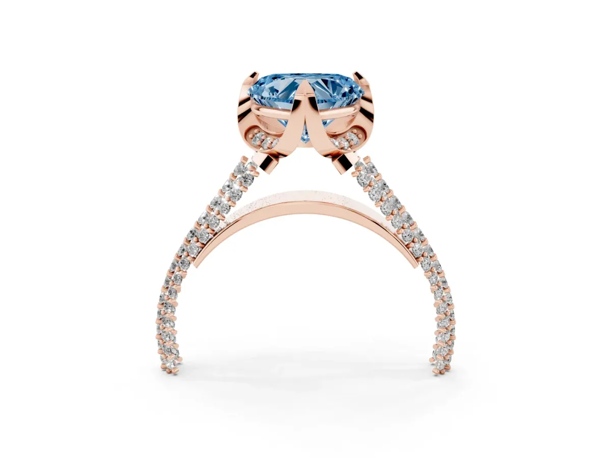 Fancy Blue Heart Cut Solitaire Pave Split Shank Ring with Four-Prong Setting Rose gold