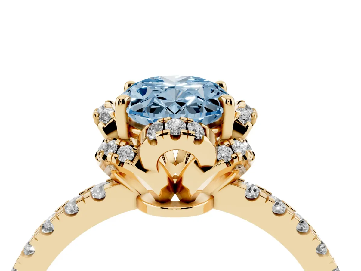 Fancy Blue Oval Cut Diamond Halo Pave Band with Four-Prong Setting Yellow gold