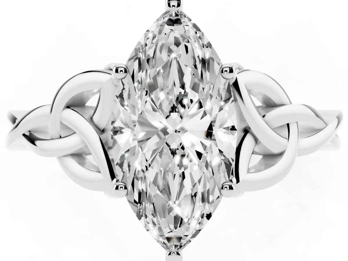Marquise Cut Diamond Solitaire Engagement Ring with Celtic Knot Band and Four-Prong Setting Platinum