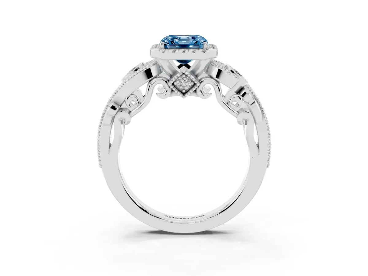 Fancy Blue Asscher Cut Diamond Halo Ring with Milgrain Pavé Band and Four-Prong Setting Platinum