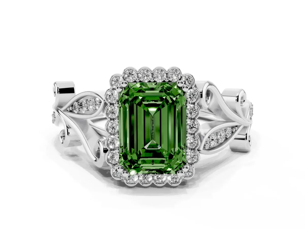 Fancy Green Emerald Cut Diamond Halo Ring with Vintage Split Shank and Four-Prong Setting Silver