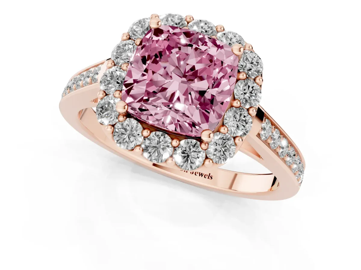 Fancy Pink Cushion Cut Diamond Floral Halo Ring with Pavé Band and Prong Setting Rose gold