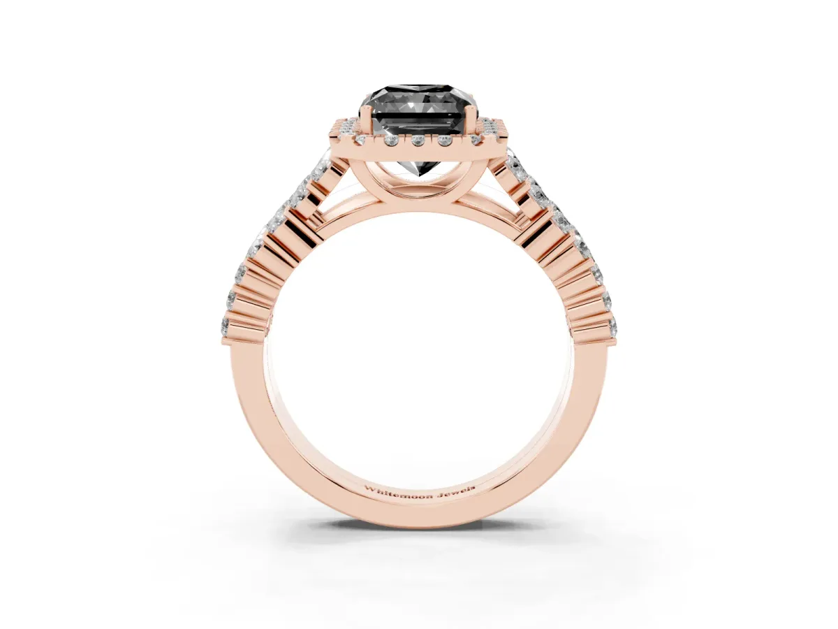 Fancy Black Radiant Cut Diamond Halo Engagement Ring with Triple Row Round Pavé Band and Prong Setting Rose gold