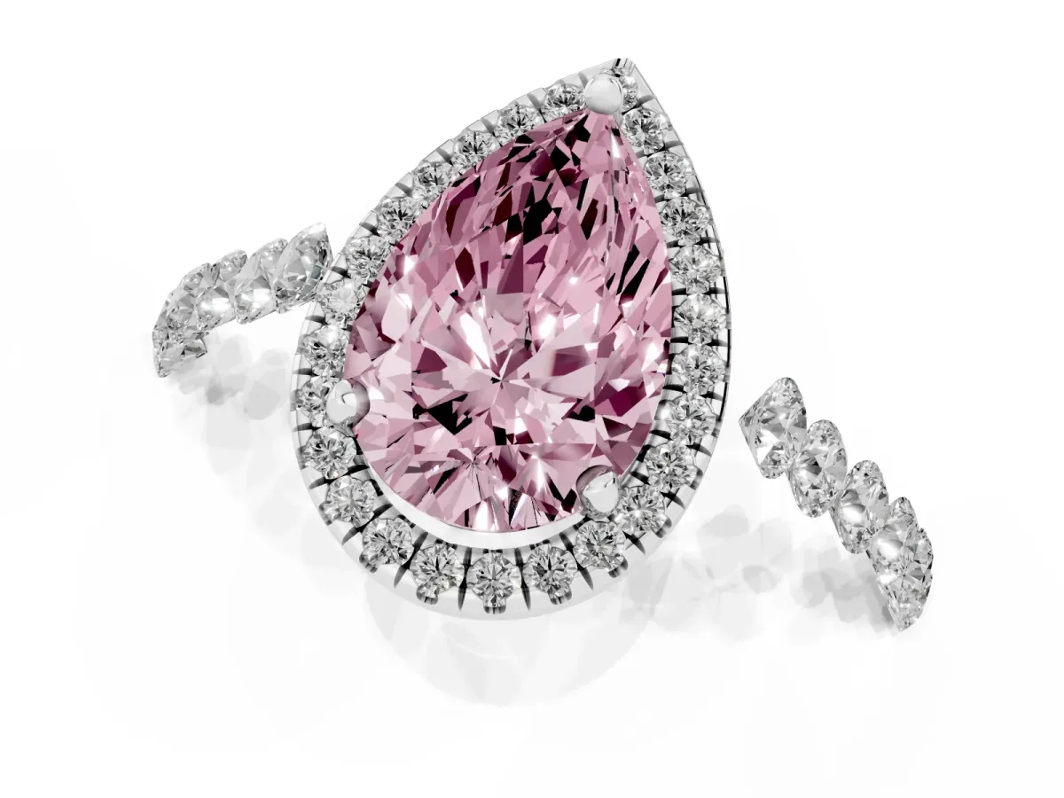 Fancy Pink Pear Cut Halo Pavé Diamond Engagement Ring with Four-Prong Setting Platinum
