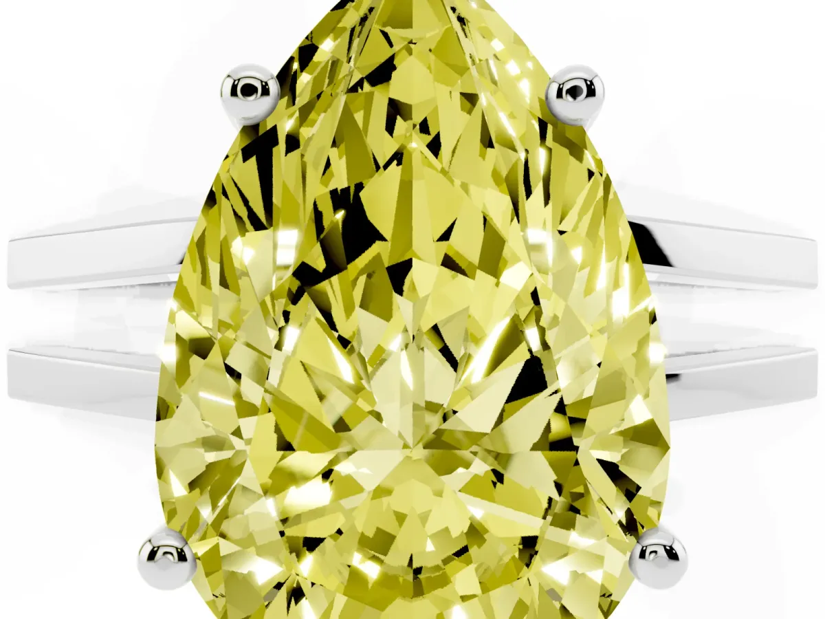 Fancy Yellow Pear Cut Cut Diamond Solitaire Engagement Ring with Tapered Plain Band and Four-Prong Setting Silver