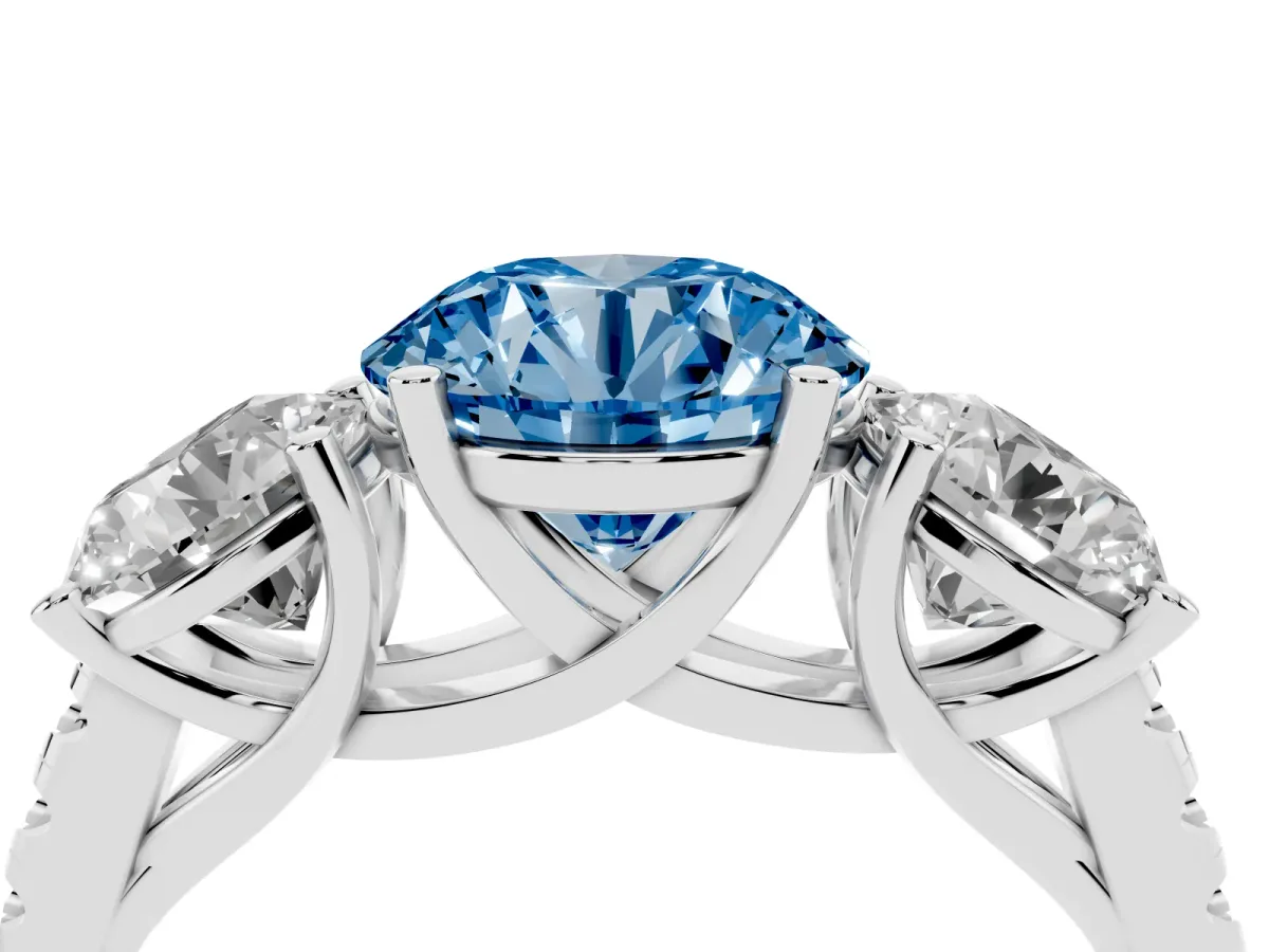 Fancy Blue Three-Stone Round Cut Diamond Ring with Round Pavé Band and Prong Setting Silver