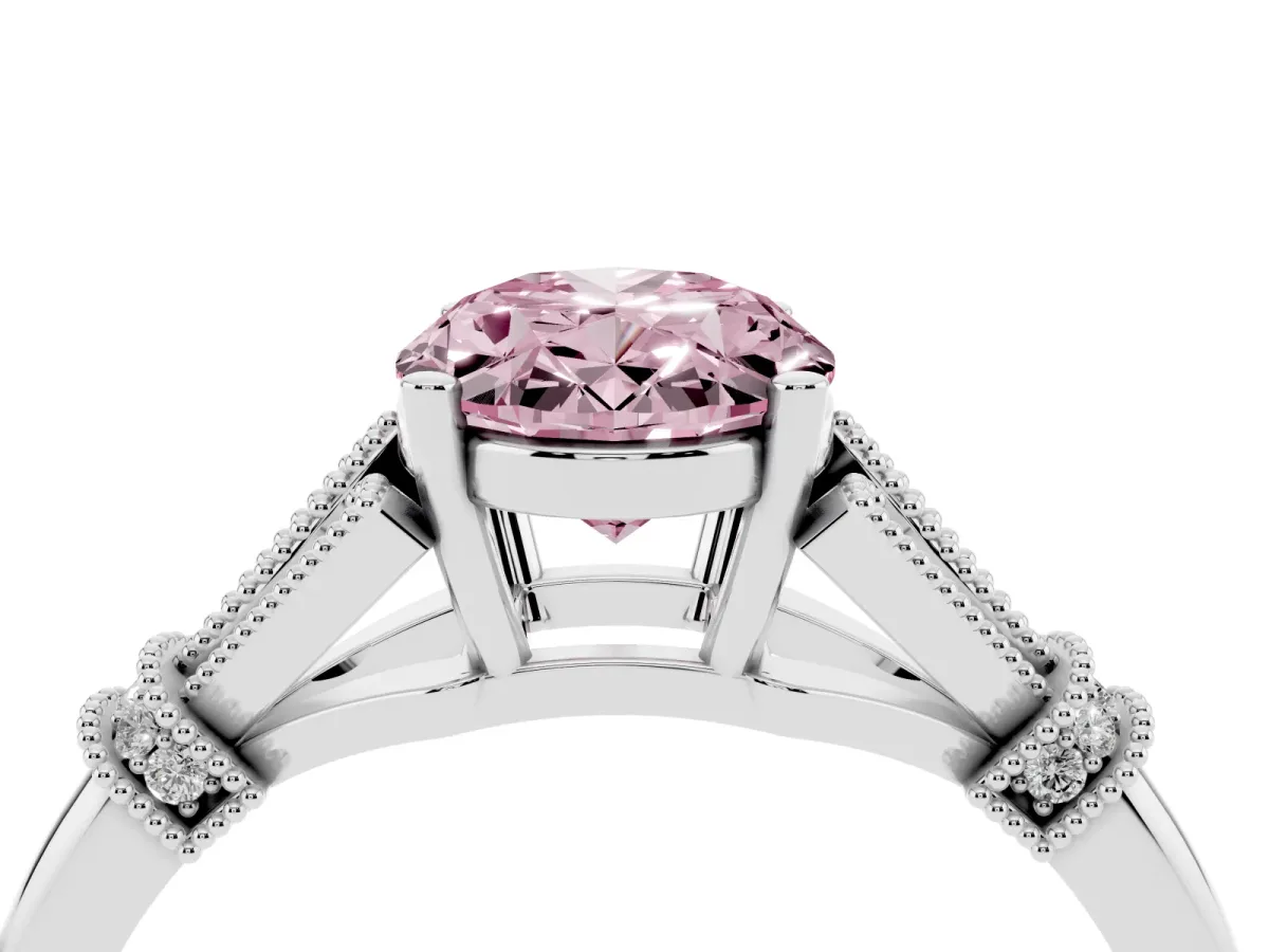 Fancy Pink Oval Cut Diamond Solitaire Ring with Floral Filigree and Pave Accents Platinum