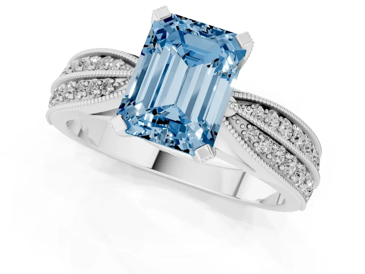 Fancy Blue Emerald Cut Diamond Solitaire Ring with Milgrain Round Pavé Band and Prong Setting Silver