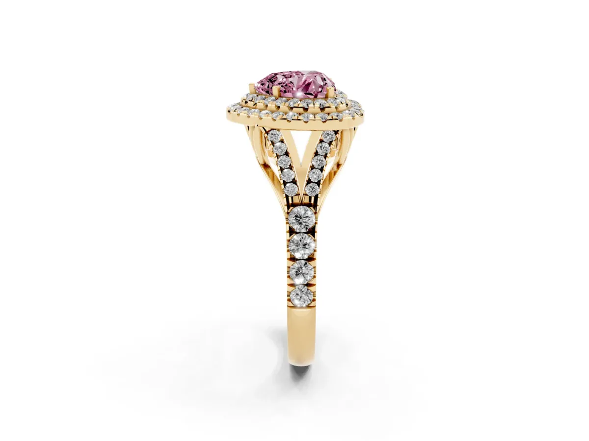 Fancy Pink Double Halo Heart Cut Diamond Split Shank Engagement Ring with Four-Prong Setting Yellow gold