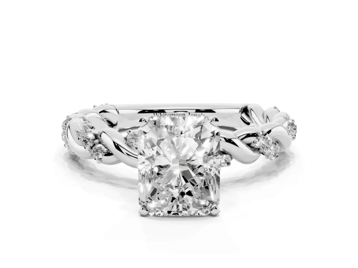 Radiant Cut Diamond Solitaire Ring with Twisted Band and Pavé Accents White gold