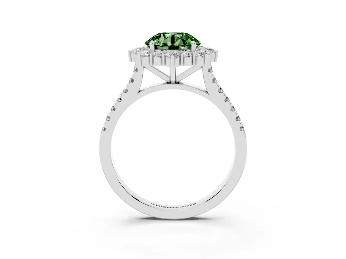 Fancy Green Round Cut Halo Diamond Ring with Pavé Band and Prong Setting Silver
