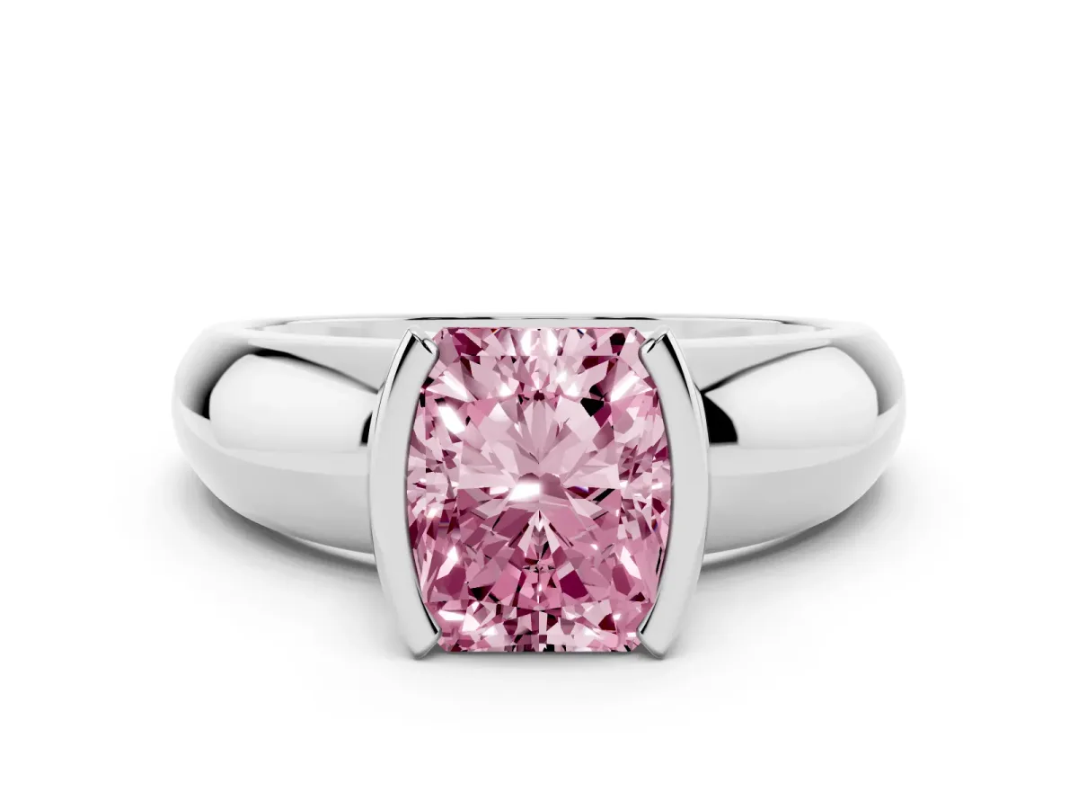 Fancy Pink Radiant Cut Solitaire Tension Set Diamond Ring with Wide Band Silver