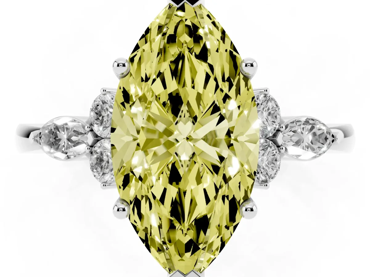Fancy Yellow Marquise Cut Brilliant Diamond Solitaire Ring with Pear Side Stones and Four-Prong Setting White gold
