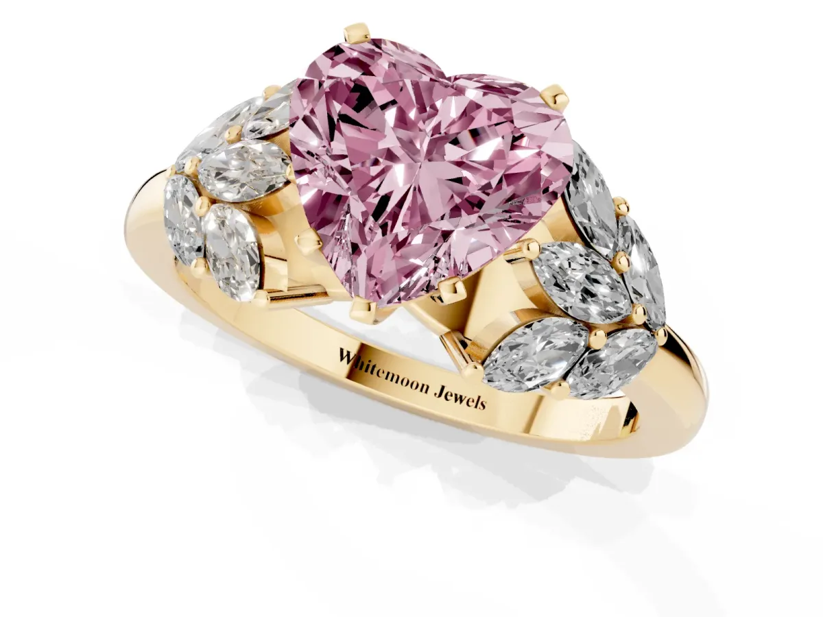 Fancy Pink Heart Cut Diamond Cluster Leaf Design Ring with Prong Setting Yellow gold