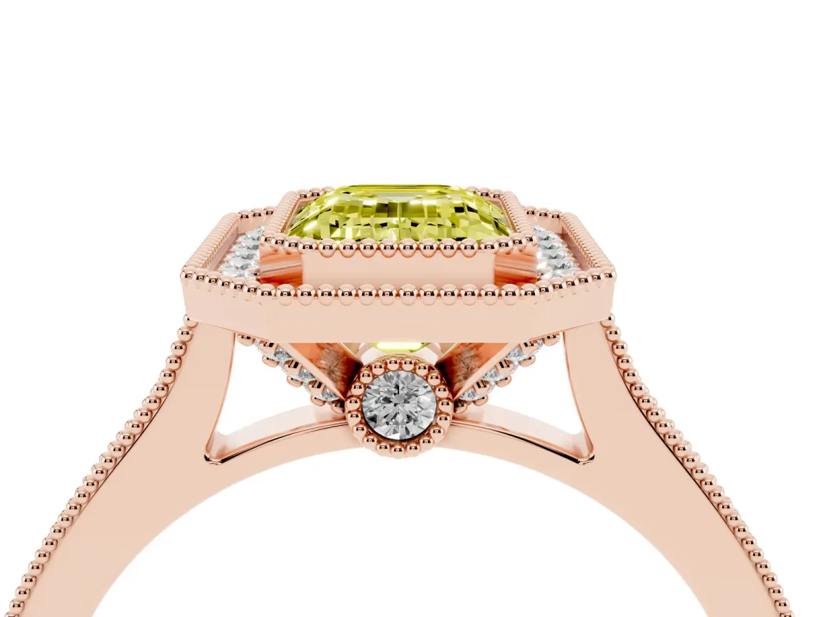 Fancy Yellow Halo Emerald Cut-Cut Diamond Pave Band Milgrain Prong Setting Ring Rose gold