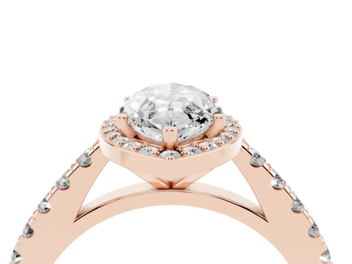 Marquise Cut Cut Halo Diamond Engagement Ring with Pave Band and Four-Prong Setting Rose gold
