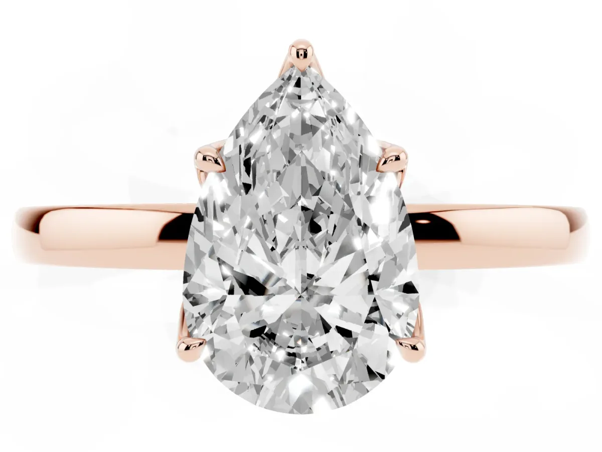 Pear Cut Diamond Solitaire Ring with Thin Band and Prong Setting Rose gold